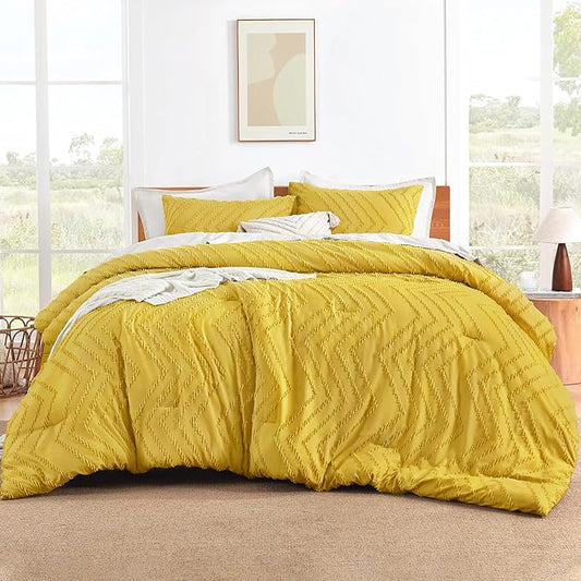 Litanika Mustard Yellow King Comforter Set, 3 Pieces Lightweight Tufted Bedding Sets, Down Alternative Comforter Fluffy Bed Set Gift Choice