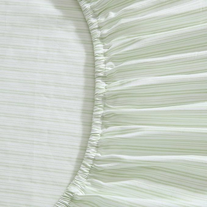 Laura Ashley - King Sheet Set, Crisp & Cool Cotton Percale Bed Sheets, Deep Pockets, Striped Bedding with Matching Fitted Sheet & Pillowcases (Bedford Skinny Stripe Green)