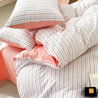 EAVD Pink White Striped Duvet Cover Queen Soft 100% Cotton Pink Vertical Ticking Stripes Bedding Set with 2 Pillowcases Modern Geometric Pattern Duvt Cover with Zipper Closure