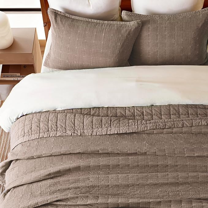 EVERGRACEHOME Stonewashed Cotton Quilt Set King Size, Ultra Soft Oversized Bedspread Coverlet Set, Lightweight Crinkle Box Stitch Bedding Sets for All Season, with 2 Shams, Mocha Brown
