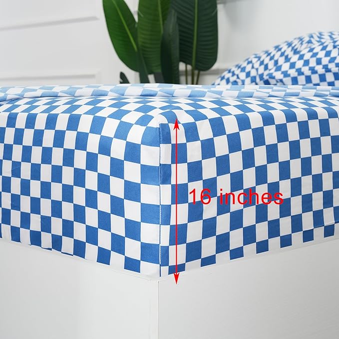 Bed Sheet Set 3 Piece -Twin Size-Soft Durable Microfiber Bedding Sheet Set,Deep Pocket,Stain,Fade & Wrinkle Resistant Blue and White Checkerboard Grid(Plaid Blue&White)