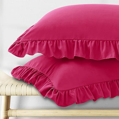 KKJIAF Ruffle Pillow Cases King Size Set of 2, Ruffled Pillow Covers with Envelope Closure, Wrinkle Resistant Ruffled Pillow Shams 20" x 36", Hot Pink
