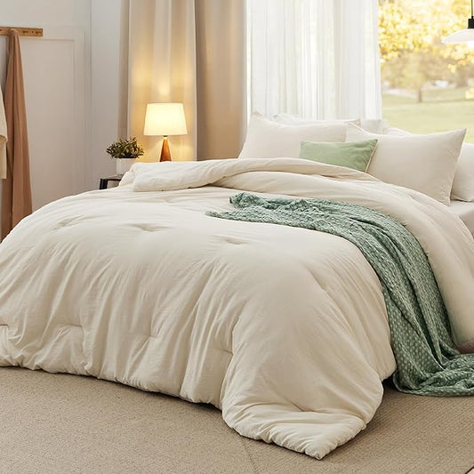 Bedsure Queen Comforter Set, Cream Soft Prewashed Bedding for All Seasons, 3 Pieces GentleSoft™ Bed Set, 1 Lightweight Comforter (90"x90") and 2 Pillowcases (20"x26")
