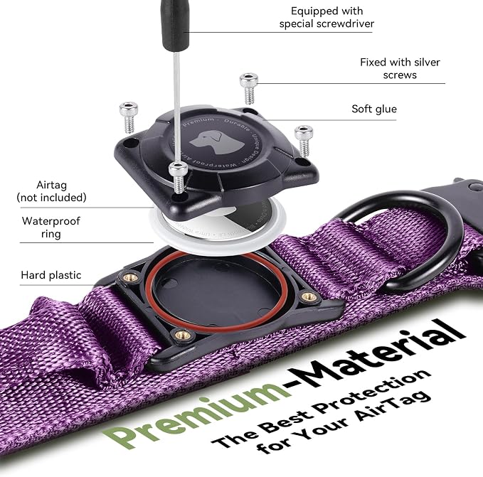 2026 Upgrade Waterproof Tactical AirTag Dog Collar, Built in AirTag Holder | Comfortable Control Handle, Quick Release Metal Buckle, Durable 1000D Nylon, For Medium to Large Dogs, Purple, L