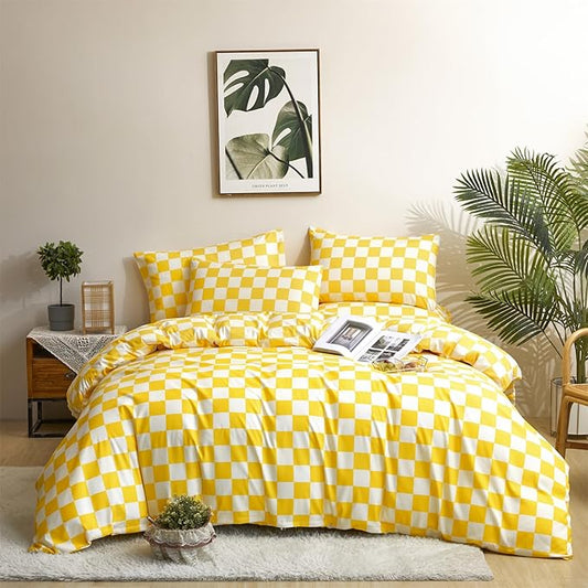 CLOTHKNOW Light Yellow Grid Queen Comforter Set Plaid Bedding Sets Checker Queen Comforter Light Yellow Queen Size Comforter Sets