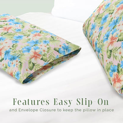 Elegant Comfort Ultra Soft Set of 2 Floral Print Pillowcases - 1500 Premium Hotel Quality Microfiber, Soft and Smooth Envelope Closure 2-Piece Pillow Covers - Standard/Queen, Magnolia