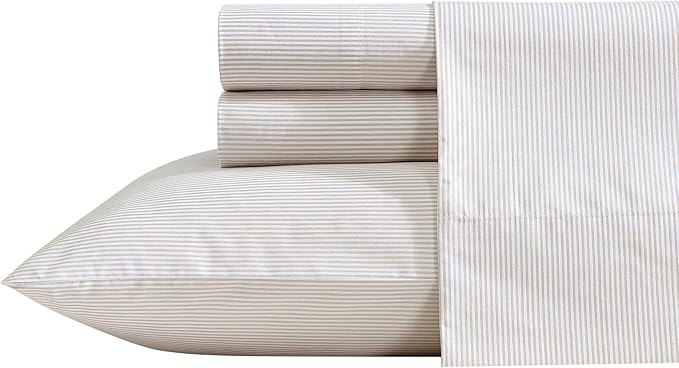 Nautica - Twin XL Bed Sheets, Lightweight Cotton Percale Bedding Set with Matching Pillowcase, Crisp & Cool, Dorm Essentials, Oeko-Tex Certified (Penny Pinstripe Brown)