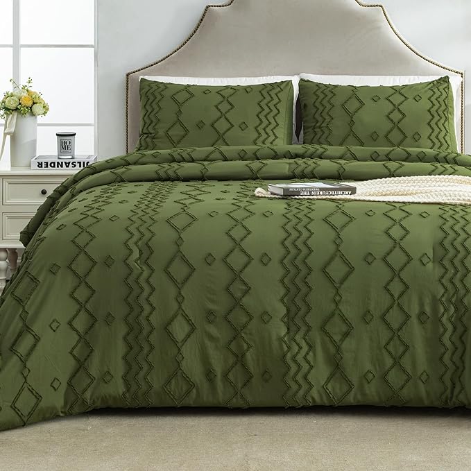 Andency Olive Green Tufted Comforter Set Queen(90x90Inch), 3 Pieces(1 Boho Comforter, 2 Pillowcases) Textured Farmhouse Bed, Soft Microfiber Down Alternative Geometric Bedding Set