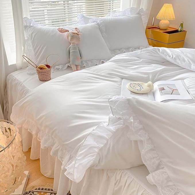 MOOWOO Chic Ruffle Lace Polyester Duvet Cover Set -Girl White Bedding-2 Piece Twin Comforter Duvet Cover with Zipper Closure -Ultra Soft and Light Weight(White, Twin)-NO Including Comforter