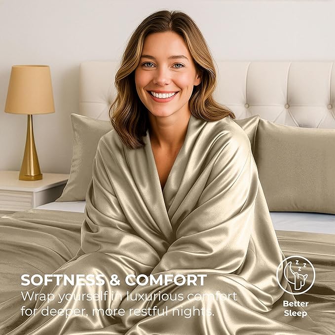 Satin Sheets King [4-Piece, Champagne Gold] Hotel Luxury Silky Bed Sheets - Extra Soft 1800 Microfiber Sheet Set, Wrinkle, Fade, Stain Resistant - Deep Pocket Fitted Sheet, Flat Sheet, Pillow Cases