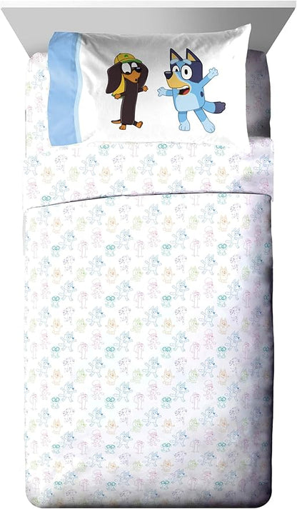 Jay Franco Bluey Twin Size Comforter Set - 4 Piece Bedding Includes Sheet Set, Pillow Covers & Bonus Duffle Bag - Super Soft Kids Bedding with Bingo, Muffin, Coco & Snickers
