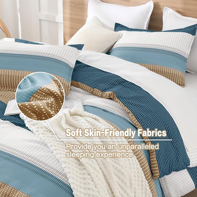 Litanika Comforter Set Full Size Green Yellow - 3 Pieces Lightweight Colorblock Stripe Fluffy Bedding Comforter Sets, All Season Bed Set