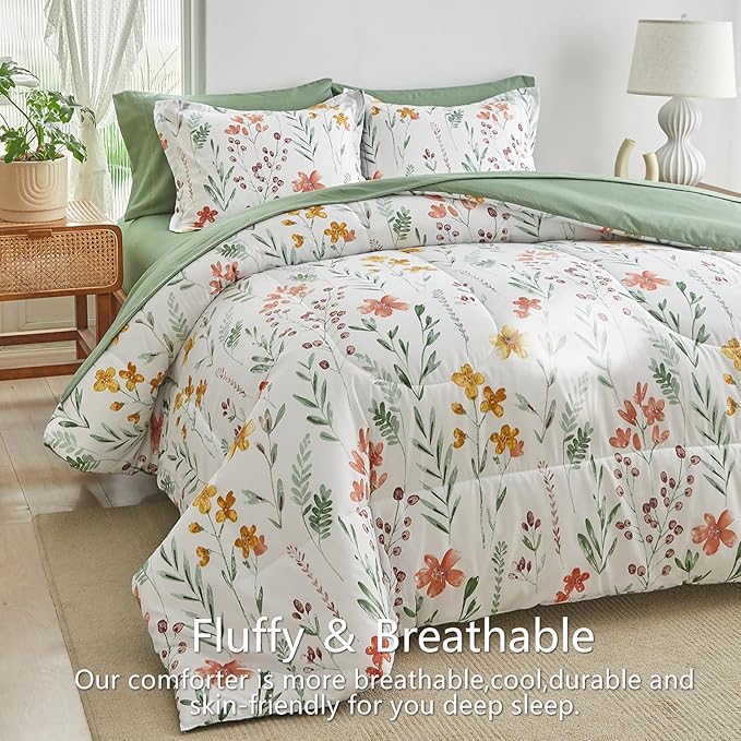 AIKASY Bed in a Bag 7 Pieces Queen Size - Floral Print - Soft Microfiber, Reversible Bed Comforter Set (1 Comforter, 2 Pillow Shams, 1 Flat Sheet, 1 Fitted Sheet, 2 Pillowcases)（White,Queen）