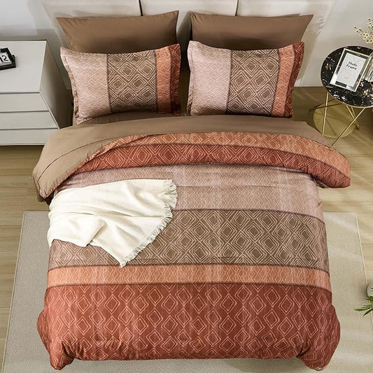 Dinjoy Red Brown King Size Comforter Set,Striped Boho Bed in a Bag King 7 Pieces Soft Fall Bedding Comforters Sets Microfiber Complete Bed Sets for All Season