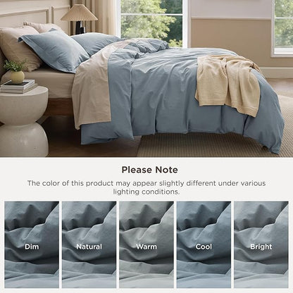 Bedsure 100% Washed Cotton Duvet Cover King Size - Dusty Blue Minimalist Bedding Set Linen Like - PureWoven Plain Simple & Soft Comforter Cover for All Seasons (Dusty Blue, King, 104"x90")