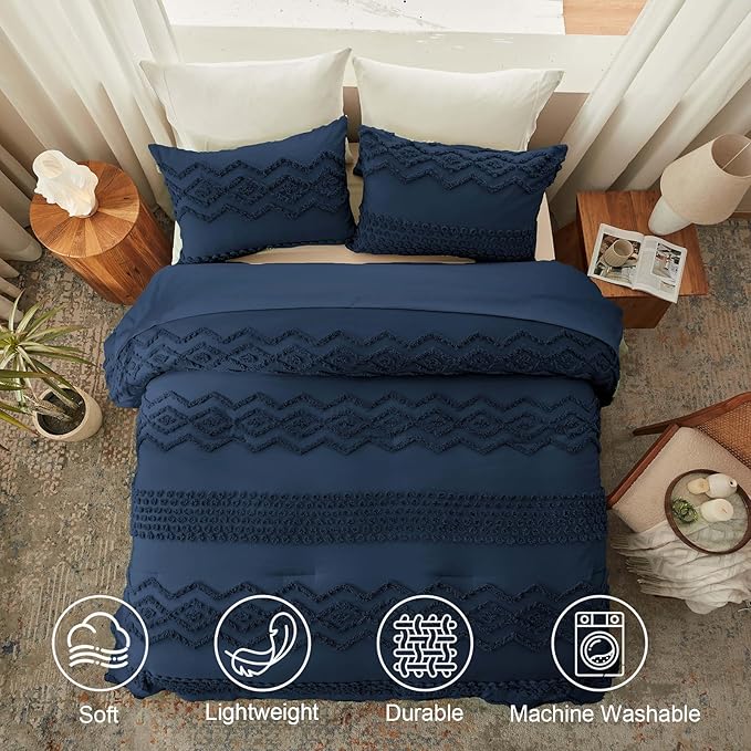 Luxudecor Navy Blue Boho Tufted Comforter Set King Size 3 Pieces Boho Shabby Chic Comforter Farmhouse Embroidery Bedding Set Soft Comforter for All Seasons (Navy Blue, 104''x90'')