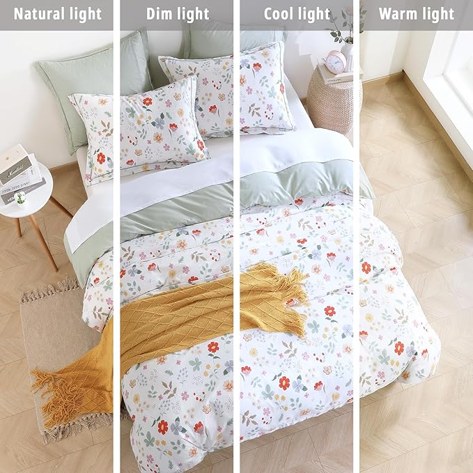 Botanical Cotton Comforter Queen Size 3Pcs - Colorful Flowers, Berries and Leaves on White, Chevron Sage Green Back, Reversible Lightweight Bedding Sets with Soft Fill(Queen, 90"×90")