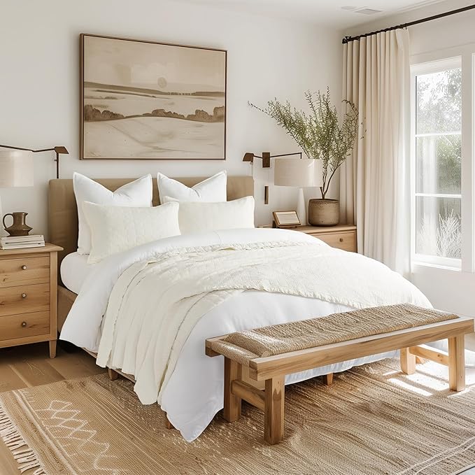 EVERGRACEHOME Stonewashed Quilt Set Full Queen Size, Ultra Soft Oversized Bedspread Coverlet Set, Lightweight Crinkle Box Stitch Bedding Sets for All Season, with 2 Shams, Ivory White
