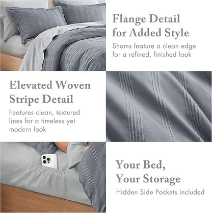 Madison Park Essentials Striped Comforter Set Full, 7 Pieces Modern Minimalist Jacquard Bedding Set for All Season, Bed in A Bag with Sheet Set and Soft Brushed Reverse, Lightweight Blue/Grey