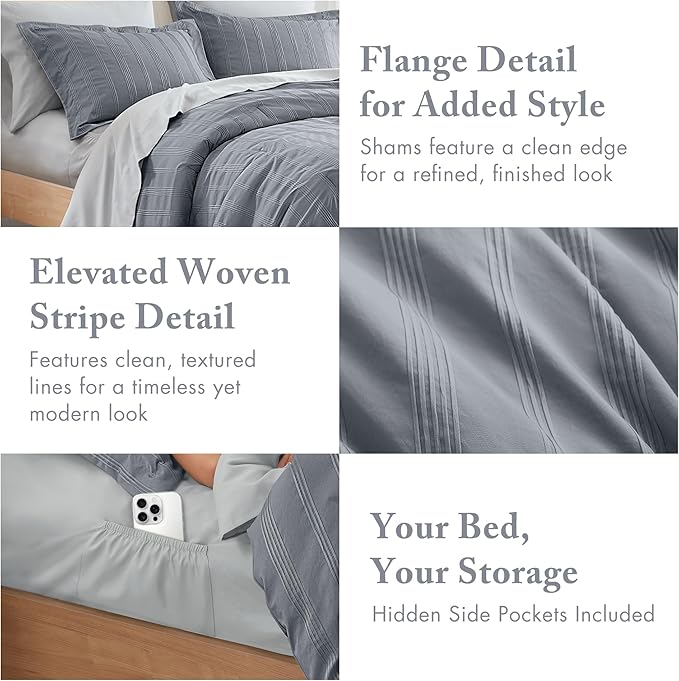 Madison Park Essentials Striped Comforter Set Queen, 7 Pieces Modern Minimalist Jacquard Bedding Set for All Season, Bed in A Bag with Sheet Set and Soft Brushed Reverse, Lightweight Blue/Grey