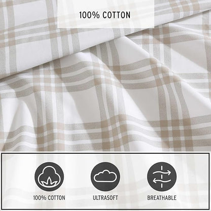 Eddie Bauer - Queen Sheet Set, Cotton Percale Bedding Set, Super Soft and Bedding Set, Oeko-Tex Certified (Basic Plaid Beige, Queen)