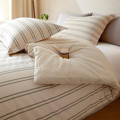 Cyusri Cotton Stripe Queen Comforter Set - Soft Lightweight Bedding 3 Pieces Dyed Bed Set with 2 Pillow Shams,Reversible All Season Farmhouse Down Alternative(Queen Size 90"x90" Beige)