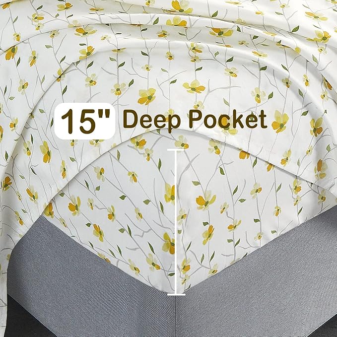 Softan Yellow Floral Bed Sheets Full Flower Printed Sheets - Patterned Microfiber Fitted Sheets Full with 15" Deep Pocket & Non-Slip Straps, Cute Flower Sheets & Pillowcase Set