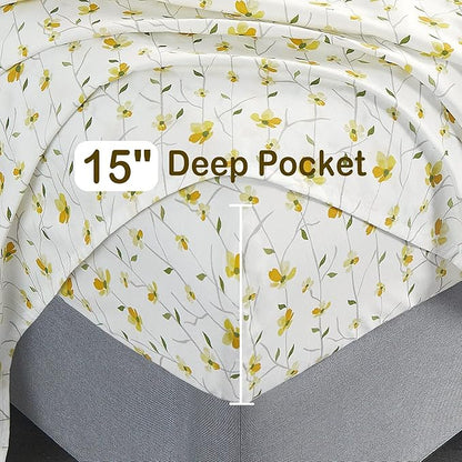 Softan Yellow Floral Bed Sheets Full Flower Printed Sheets - Patterned Microfiber Fitted Sheets Full with 15" Deep Pocket & Non-Slip Straps, Cute Flower Sheets & Pillowcase Set