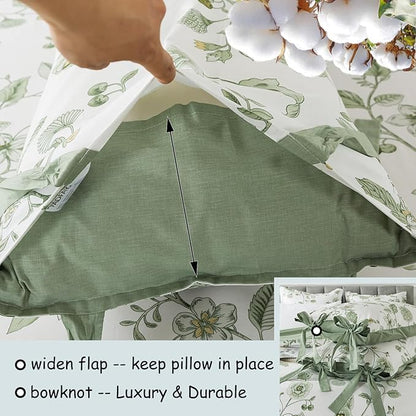 FADFAY Green Duvet Cover Set King/Cal King Floral Bedding 100% Cotton Shabby Vintage Reversible Zipper Farmhouse Comforter Cover Flower Print Bed Covers Pretty Bowknot Soft Crisp Breathable 3Pcs
