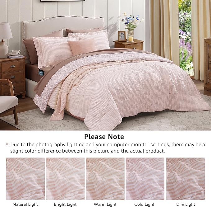 Full Comforter Set - 7 Pieces Pink Gauze Muslin Bedding Sets for All Seasons, Lightweight Breathable Bed in a Bag Full with Revesible Farmhouse Comforter, Sheets, Pillowcases & Sham
