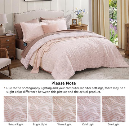 Full Comforter Set - 7 Pieces Pink Gauze Muslin Bedding Sets for All Seasons, Lightweight Breathable Bed in a Bag Full with Revesible Farmhouse Comforter, Sheets, Pillowcases & Sham