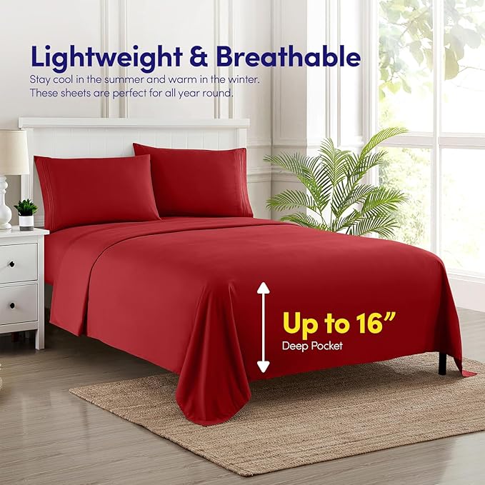 1500 Supreme Collection Twin XL Sheet Sets Red - 3 Piece Bed Sheets and Pillowcase Set for Twin XL Mattress - Extra Soft, Elastic Corner Straps, Deep Pocket Sheets, Twin XL Red
