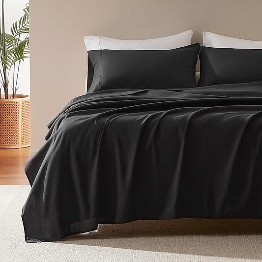 SLEEP ZONE Nanotex Super Soft Cooling King Bed Sheets Set 4 Piece - Easy Care Fitted Flat Sheet & Pillowcase Sets - Wrinkle Free, Fade Resistant, Deep Pocket 16" (Black, King)