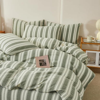 Vintage Striped Duvet Cover Set Twin Size, 100% Washed Cotton Green Striped Bedding Set with 2 Pillowcases, Soft Breathable Duvet Cover Retro Stripes Pattern Prined Comforter Cover with Zipper Closure