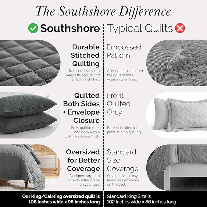 Southshore Fine Living, Inc. Oversized Quilt King Size Set, Grey Bed Spread King Size with 2 Matching Pillow Shams, Microfiber Quilted Comforter Bed Coverlet, Bedspread Set, Slate Grey Quilt