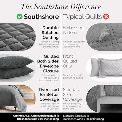 Southshore Fine Living, Inc. Oversized Quilt King Size Set, Grey Bed Spread King Size with 2 Matching Pillow Shams, Microfiber Quilted Comforter Bed Coverlet, Bedspread Set, Slate Grey Quilt
