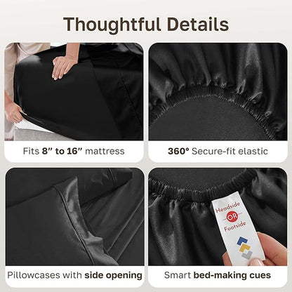 California Design Den Full Size Bed Sheets Set - Soft 400 Thread Count Sateen, Natural 100% Cotton Sheets with Deep Pockets, Breathable, and Durable Bedding Set - Black