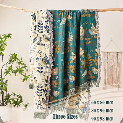 Boho Throw Blanket, 100% Cotton Ultra Soft Luxury Fall Throw Rustic Quilt, 50"x60" Floral Printed Farmhouse Decor Bed Summer Blankets, All Season Rustic Reversible Bohemian Throw for Bed
