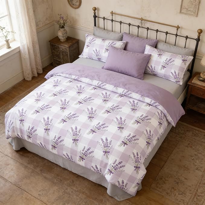 5Pcs Gingham Bed in a Bag Twin Size Girls Purple Lavender Comforter Set with Sheet Plaid Bedding Checkered Quilted Comforter with 2 Pillowcases + 1 Flat Sheet + 1 Fitted Sheet, 68"x86"