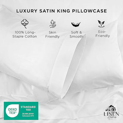 Linen Home 500 Thread Count King Pillowcase Set | 100% Long-Staple Cotton Pillow Cases | Soft & Smooth Luxury Satin Set of 2 Pillowcases | 4 Inch Z Hem | White