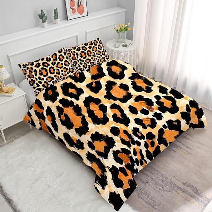 Brown Leopard Print Comforter Set Queen Cheetah Print Bedding for Kids Boys Girls Bedroom Wild Animal Theme Pattern Qulit Sets, 1 Comforter 2 Pillowcases