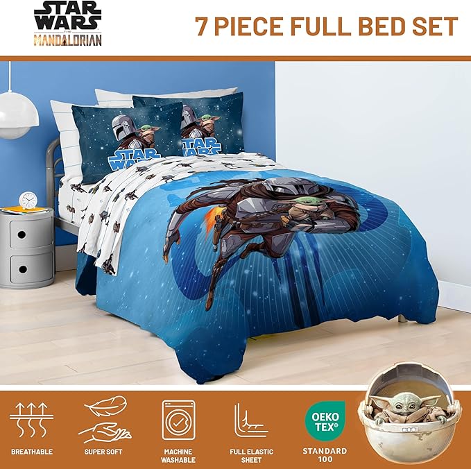Jay Franco Kids Comforter Set Includes Sheets and Pillow Covers - Soft and Cozy Bed Set for Stylish Room Decor, Official Licensed Bedding, Blue - The Mandalorian, 7 Piece Full