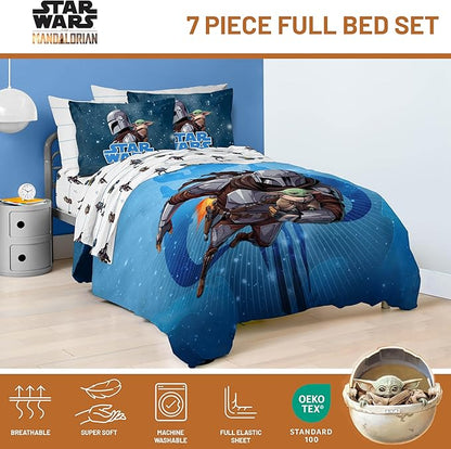 Jay Franco Kids Comforter Set Includes Sheets and Pillow Covers - Soft and Cozy Bed Set for Stylish Room Decor, Official Licensed Bedding, Blue - The Mandalorian, 7 Piece Full