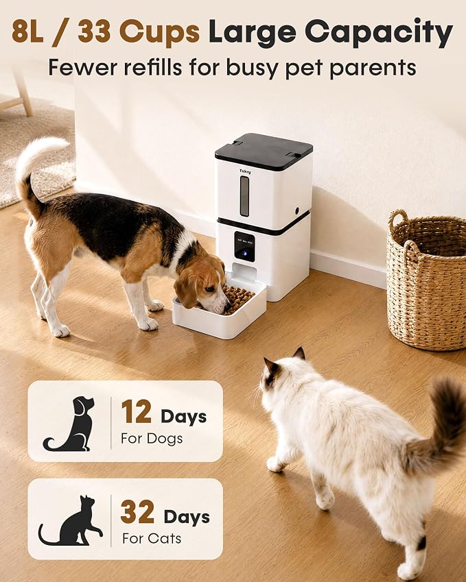 Yakry Automatic Dog Feeder with Camera - 8L/33 Cups Smart Dog Feeder | 5GHz/2.4GHz WiFi App Control for Small/Medium Dogs & Cats, 1080P HD Night Vision 2-Way Audio, Timed Dry Food Dispenser Indoor