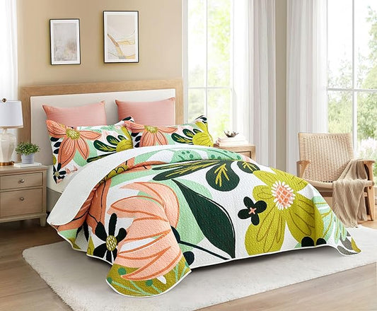 3 Piece Boho Floral Californial King Size Quilt Sets Farmhouse Reversible Lightweight Bedspread Coverlet with 2 Shams Botanical Microfiber Bedding Quilts Set for All Season, 118''x106''