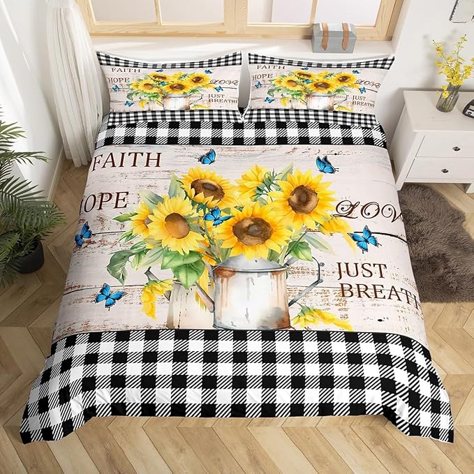 Castle Fairy Yellow Sunflowers Bedding Set Rustic Farmhouse Style Duvet Cover Black White Plaid Comforter Cover Retro Gingham Bedroom Quilt Cover Queen with 2 Pillowcase,No Comforter