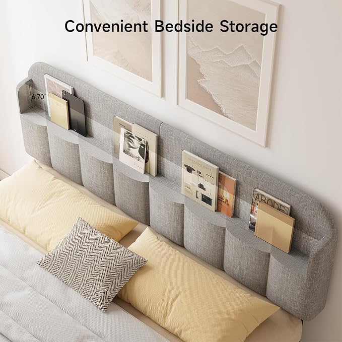 Headboard for King/California King Size Bed, Upholstered Bed HeadBoard with Storage, Linen Fabric Head Board with Vertical Channel Design, Height Adjustable, Easy to Assemble, Light Grey