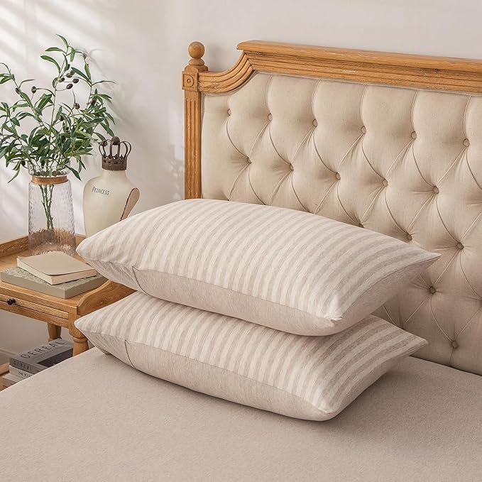 PURE ERA Jersey Knit Pillowcases 100% T-Shirt Cotton Super Soft Comfy Breathable, Set of 2, Standard 20" x 26", Heather Beige Stripe
