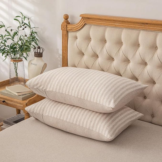 PURE ERA Jersey Knit Pillowcases 100% T-Shirt Cotton Super Soft Comfy Breathable, Set of 2, Standard 20" x 26", Heather Beige Stripe