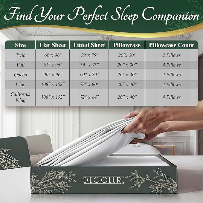 DECOLURE 100% Viscose Derived from Bamboo Sheets Queen Size - Luxury 6 Pc Naturally Cooling Sheets, Ultra Soft Bed Set - Deep 17" Pockets, Durable Double Stitching, Oeko Tex Standard (White)